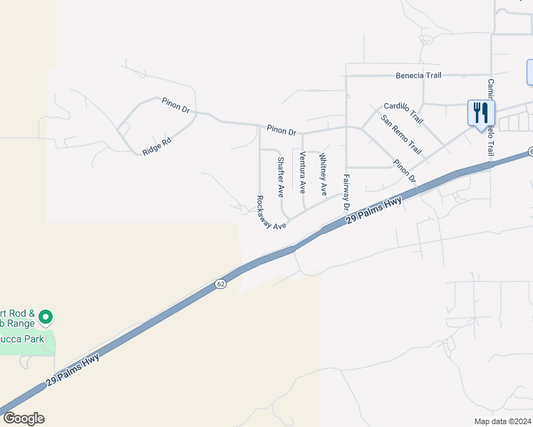 map of restaurants, bars, coffee shops, grocery stores, and more near 7587 Rockaway Avenue in Yucca Valley