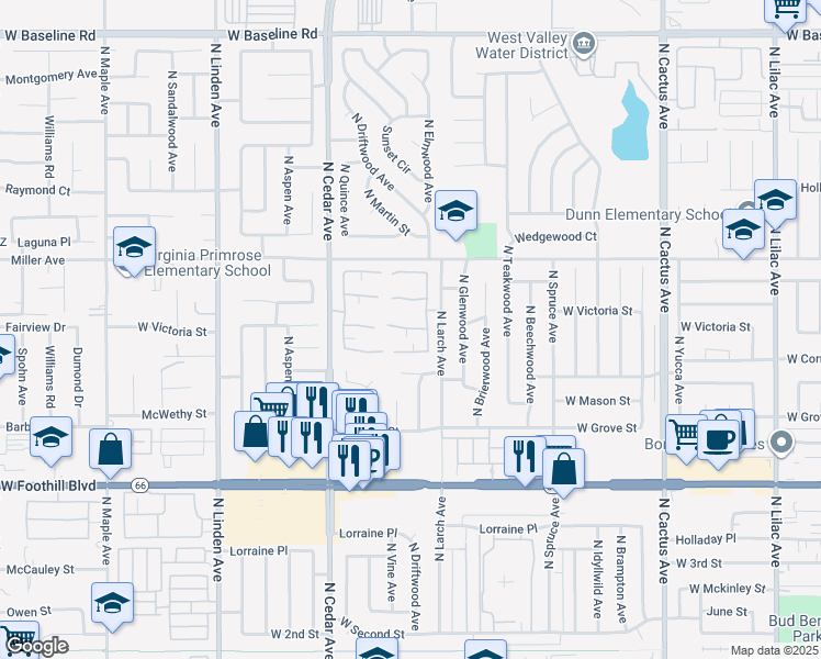 map of restaurants, bars, coffee shops, grocery stores, and more near 1105 West Victoria Street in Rialto