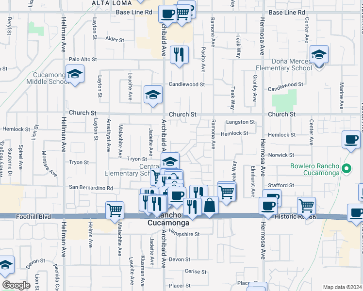 map of restaurants, bars, coffee shops, grocery stores, and more near 9771 El Paseo Drive in Rancho Cucamonga