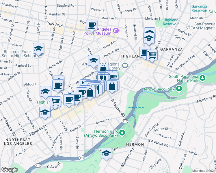 map of restaurants, bars, coffee shops, grocery stores, and more near 6009 North Figueroa Street in Los Angeles