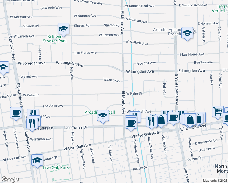 map of restaurants, bars, coffee shops, grocery stores, and more near 231 West Palm Drive in Arcadia