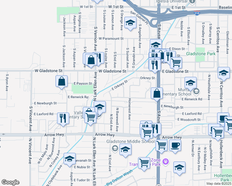 map of restaurants, bars, coffee shops, grocery stores, and more near 5413 North Banewell Avenue in Azusa