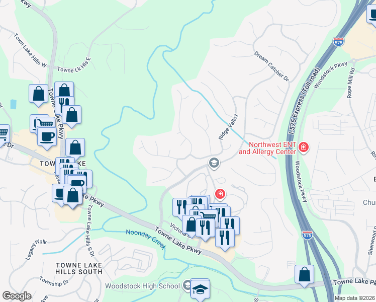 map of restaurants, bars, coffee shops, grocery stores, and more near 7025 Hunters Ridge in Woodstock