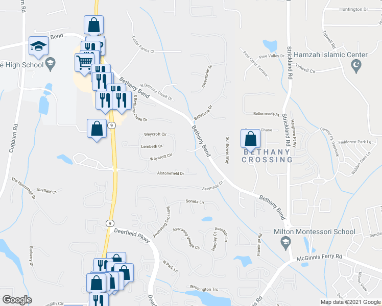 map of restaurants, bars, coffee shops, grocery stores, and more near 3355 Deer Valley Drive in Alpharetta