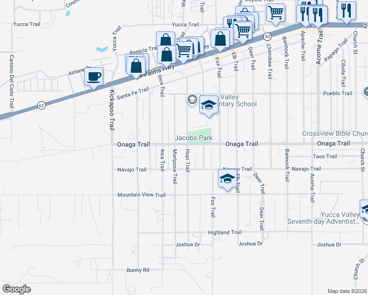 map of restaurants, bars, coffee shops, grocery stores, and more near 55585 Onaga Trail in Yucca Valley