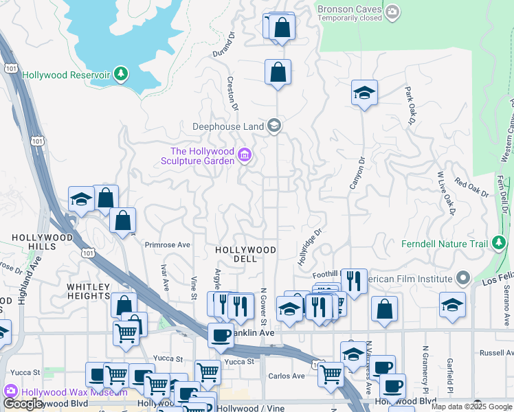 map of restaurants, bars, coffee shops, grocery stores, and more near 6147 Temple Hill Drive in Los Angeles