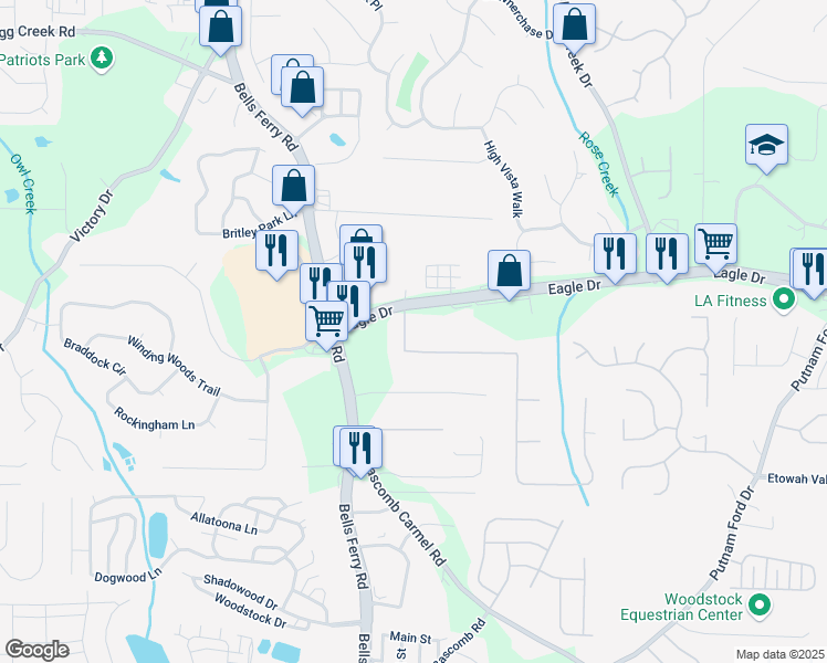 map of restaurants, bars, coffee shops, grocery stores, and more near 1005 Atherton Lane in Woodstock