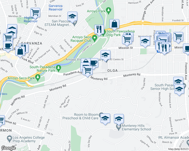 map of restaurants, bars, coffee shops, grocery stores, and more near 314 Monterey Road in South Pasadena