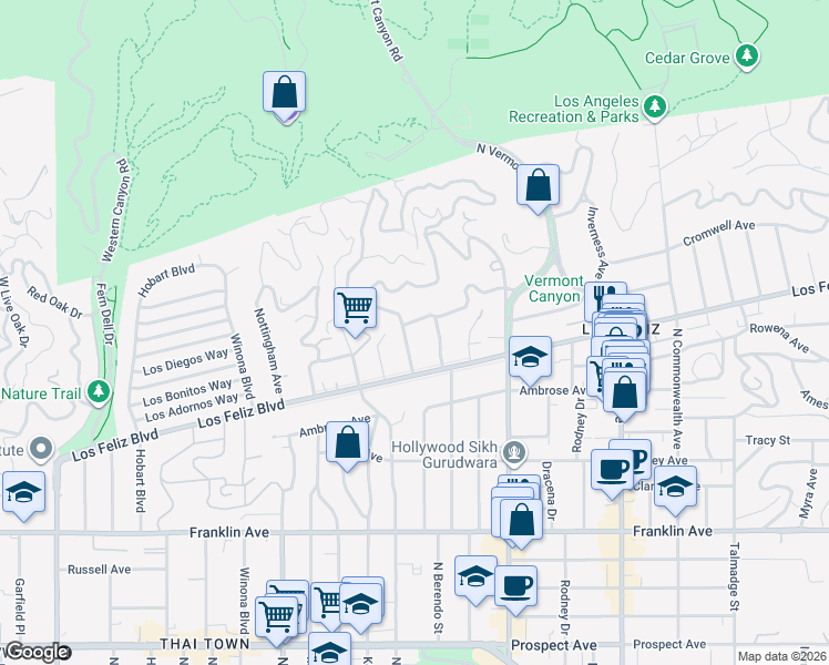 map of restaurants, bars, coffee shops, grocery stores, and more near 2242 North Catalina Street in Los Angeles