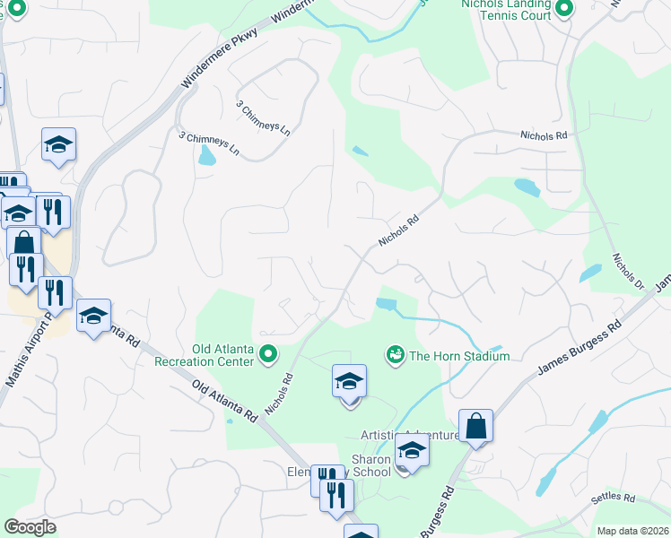 map of restaurants, bars, coffee shops, grocery stores, and more near 562 Nichols Road in Suwanee