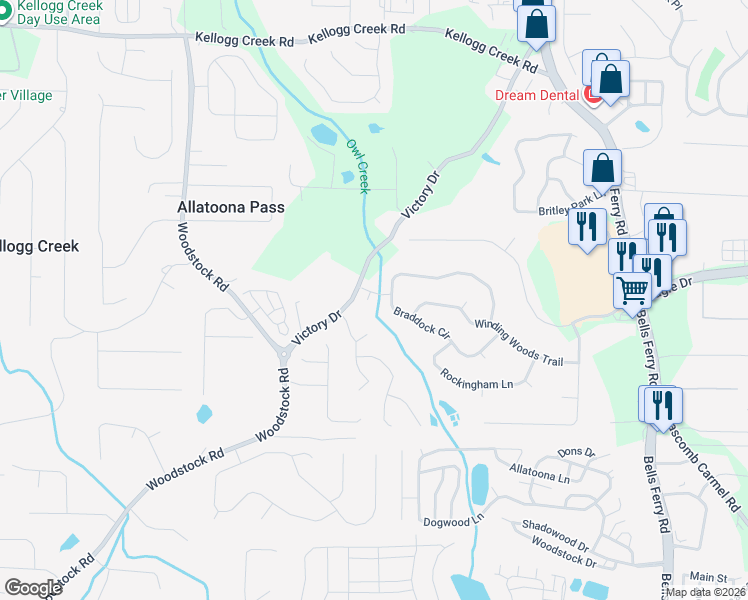 map of restaurants, bars, coffee shops, grocery stores, and more near 901 Barros Circle in Woodstock
