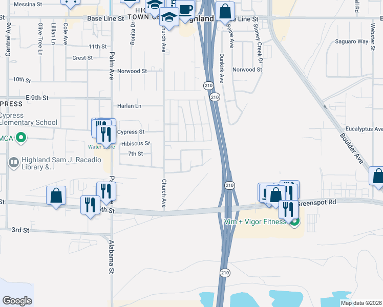 map of restaurants, bars, coffee shops, grocery stores, and more near 7832 Cienega Drive in Highland