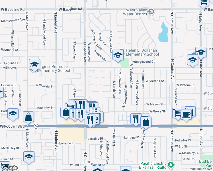 map of restaurants, bars, coffee shops, grocery stores, and more near 1115 West Victoria Street in Rialto