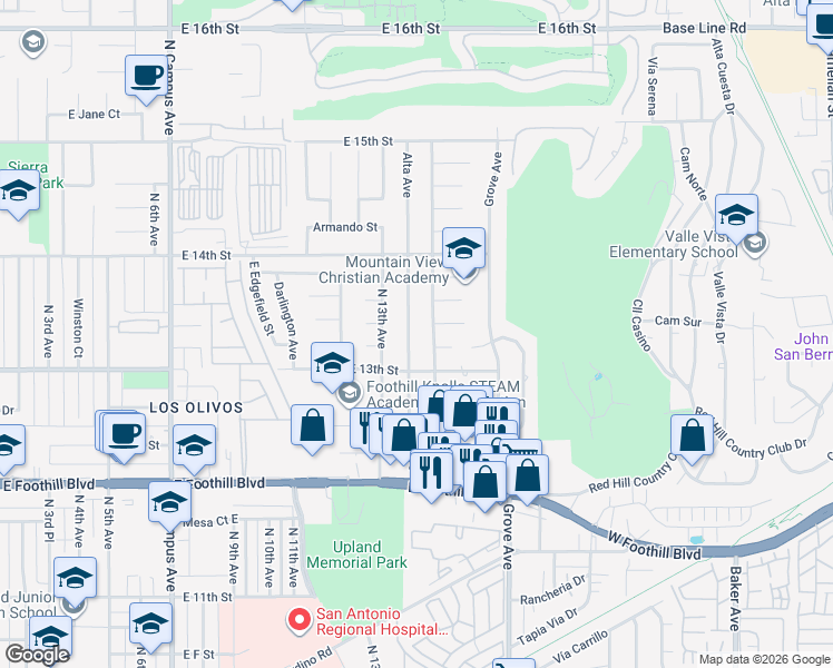 map of restaurants, bars, coffee shops, grocery stores, and more near 1323 North Monte Verde Avenue in Upland