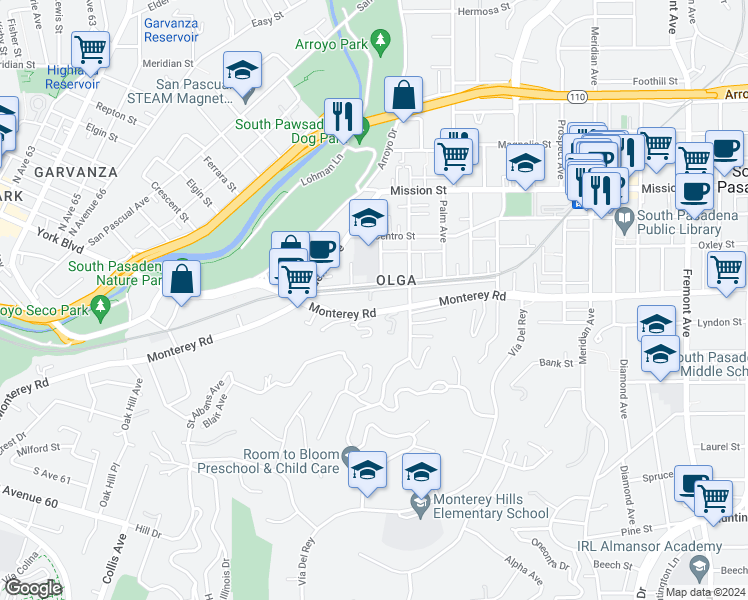 map of restaurants, bars, coffee shops, grocery stores, and more near 364 Monterey Road in South Pasadena