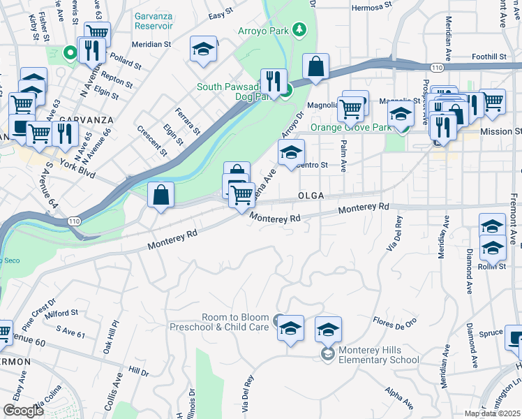 map of restaurants, bars, coffee shops, grocery stores, and more near 314 Monterey Road in South Pasadena