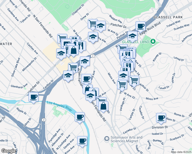 map of restaurants, bars, coffee shops, grocery stores, and more near 2729 West Avenue 31 in Los Angeles