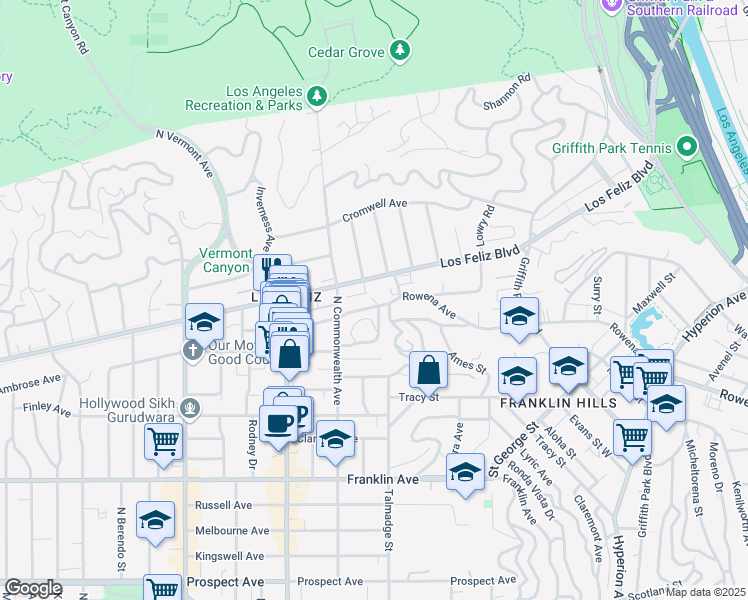 map of restaurants, bars, coffee shops, grocery stores, and more near 4241 Avocado Street in Los Angeles