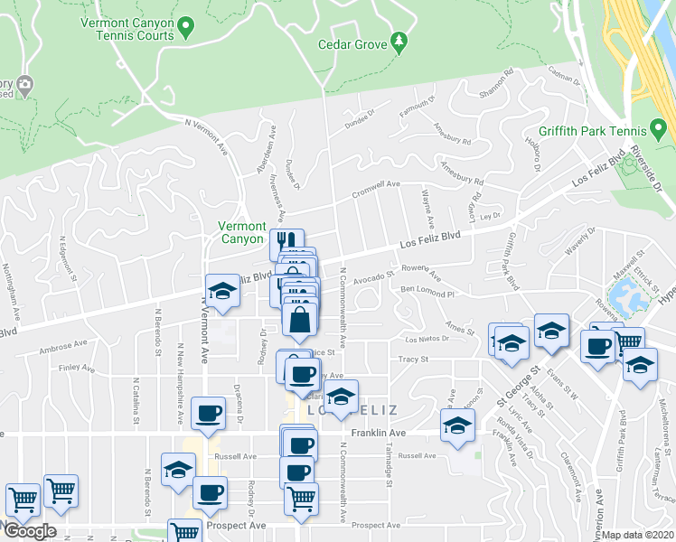 map of restaurants, bars, coffee shops, grocery stores, and more near 2143 North Commonwealth Avenue in Los Angeles