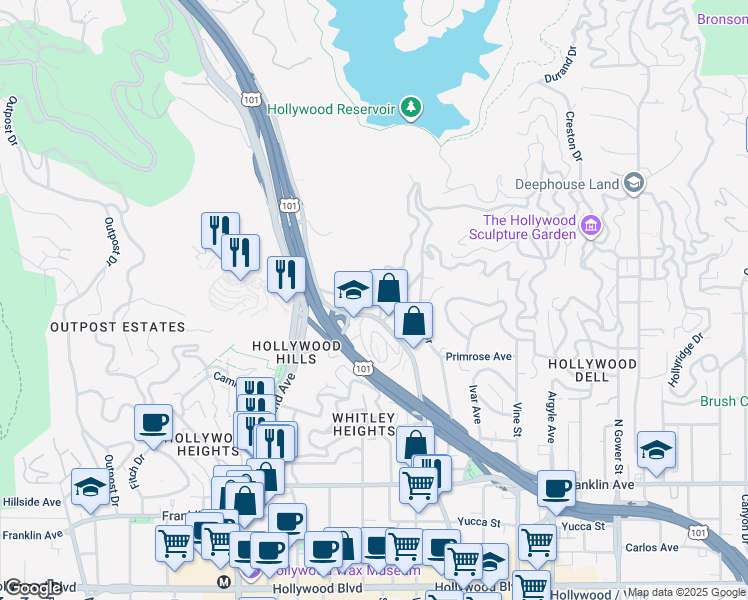 map of restaurants, bars, coffee shops, grocery stores, and more near 2304 North Cahuenga Boulevard in Los Angeles