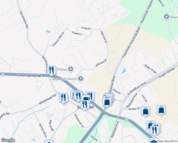 map of restaurants, bars, coffee shops, grocery stores, and more near 1319 Hillcrest Drive in Sugar Hill
