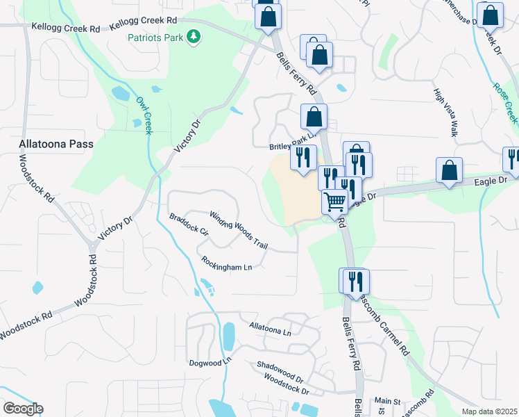 map of restaurants, bars, coffee shops, grocery stores, and more near 1664 Eagle Drive in Woodstock