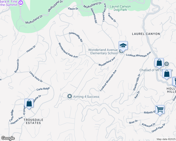 map of restaurants, bars, coffee shops, grocery stores, and more near Wonderland Avenue in Los Angeles