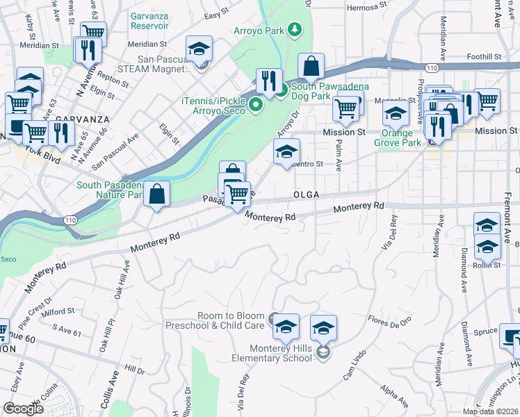 map of restaurants, bars, coffee shops, grocery stores, and more near 314 Monterey Road in South Pasadena