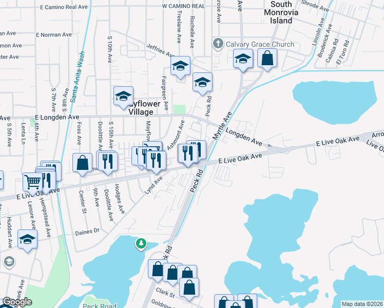 map of restaurants, bars, coffee shops, grocery stores, and more near 2926 Spruce Court in Arcadia