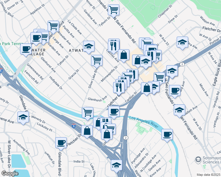 map of restaurants, bars, coffee shops, grocery stores, and more near 3144 Atwater Avenue in Los Angeles