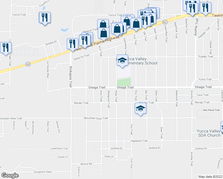 map of restaurants, bars, coffee shops, grocery stores, and more near 55565 Onaga Trail in Yucca Valley