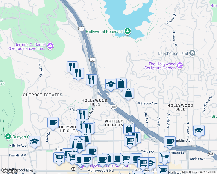 map of restaurants, bars, coffee shops, grocery stores, and more near 6626 Cahuenga Terrace in Los Angeles