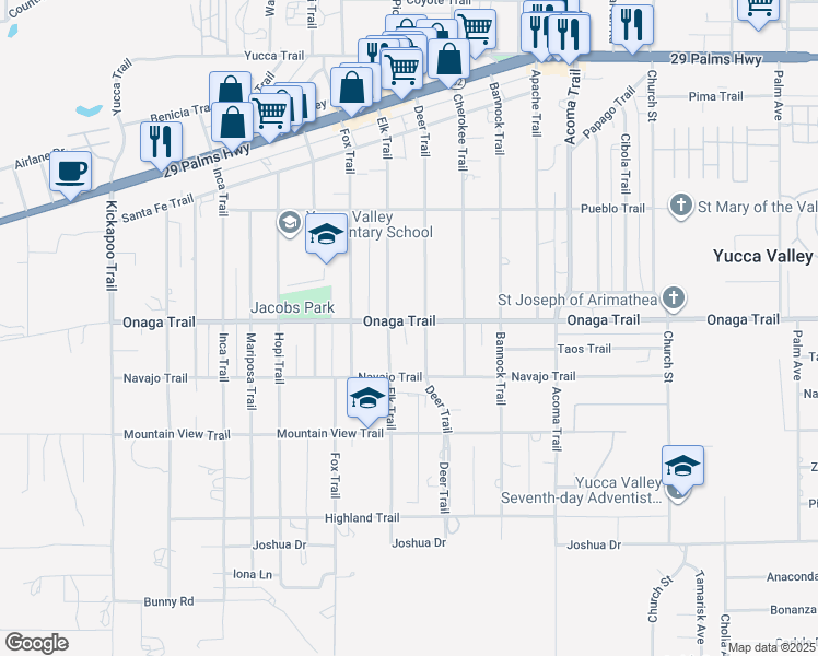 map of restaurants, bars, coffee shops, grocery stores, and more near 55837 Onaga Trail in Yucca Valley