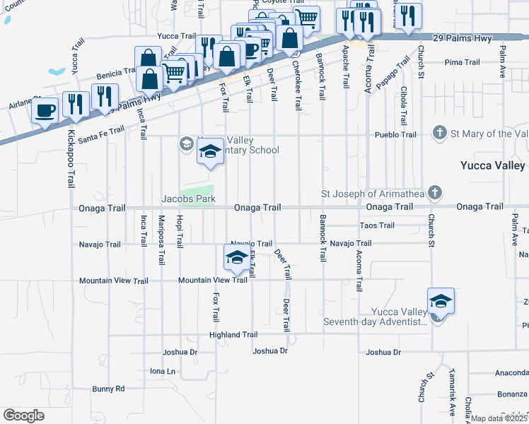 map of restaurants, bars, coffee shops, grocery stores, and more near 55837 Onaga Trail in Yucca Valley