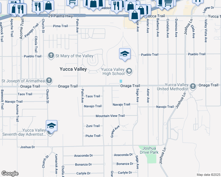 map of restaurants, bars, coffee shops, grocery stores, and more near 7714 Grand Avenue in Yucca Valley