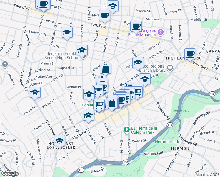map of restaurants, bars, coffee shops, grocery stores, and more near 5607 Monte Vista Street in Los Angeles