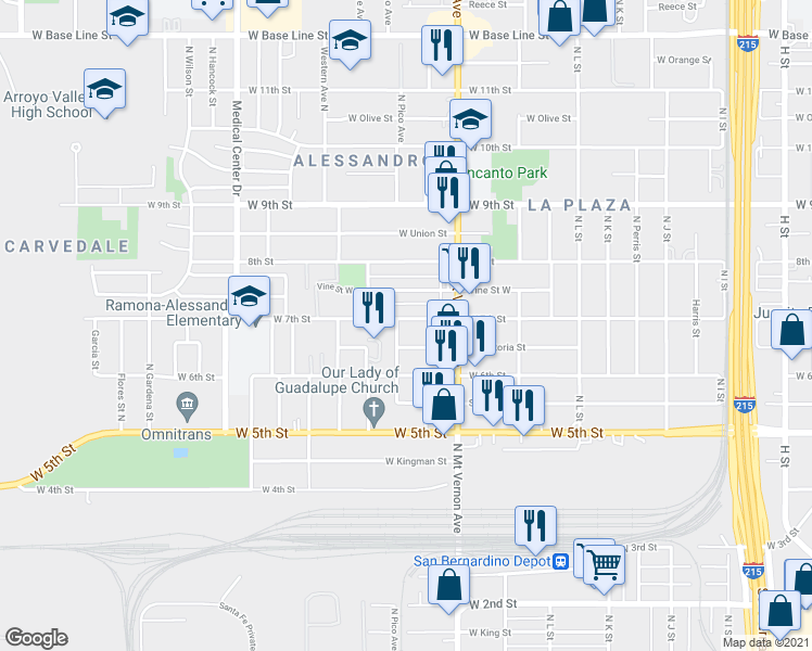 map of restaurants, bars, coffee shops, grocery stores, and more near 1389 West 7th Street in San Bernardino