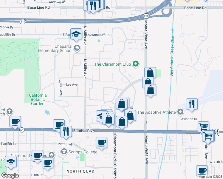 map of restaurants, bars, coffee shops, grocery stores, and more near 704 Windham Drive in Claremont