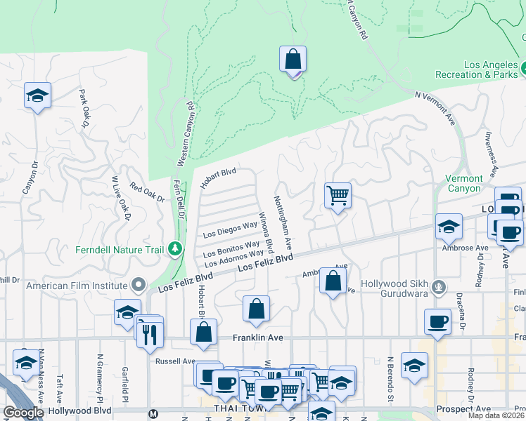 map of restaurants, bars, coffee shops, grocery stores, and more near 2208 Winona Boulevard in Los Angeles