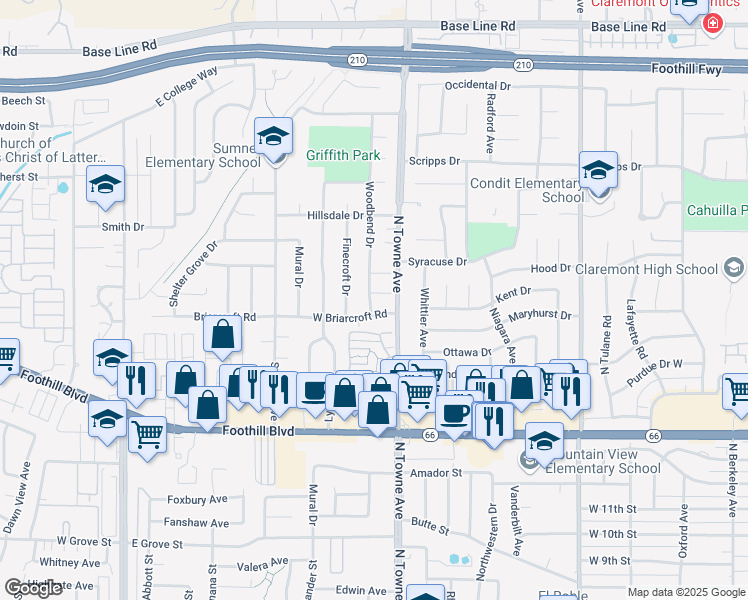 map of restaurants, bars, coffee shops, grocery stores, and more near 1132 Turning Bend Drive in Claremont