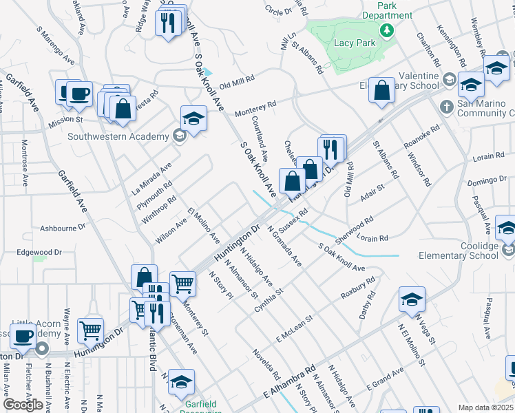 map of restaurants, bars, coffee shops, grocery stores, and more near 1340 North Granada Avenue in San Marino