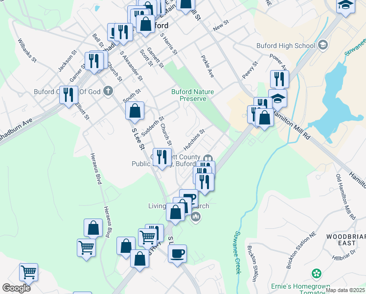map of restaurants, bars, coffee shops, grocery stores, and more near 2050 Hutchins Street in Buford