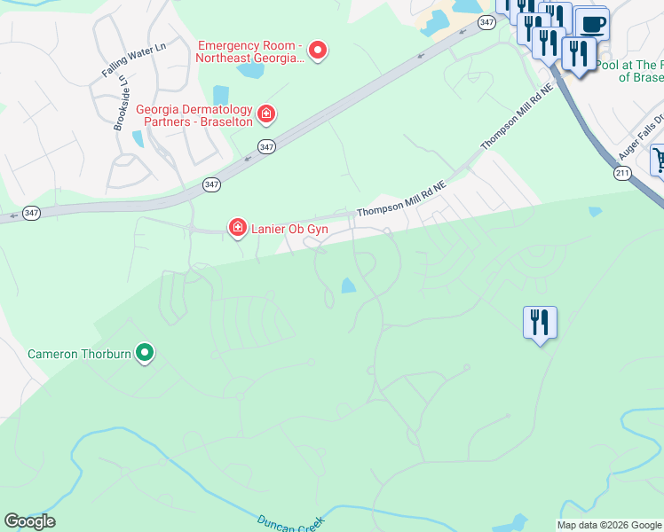 map of restaurants, bars, coffee shops, grocery stores, and more near 2790 Shumard Oak Drive in Braselton