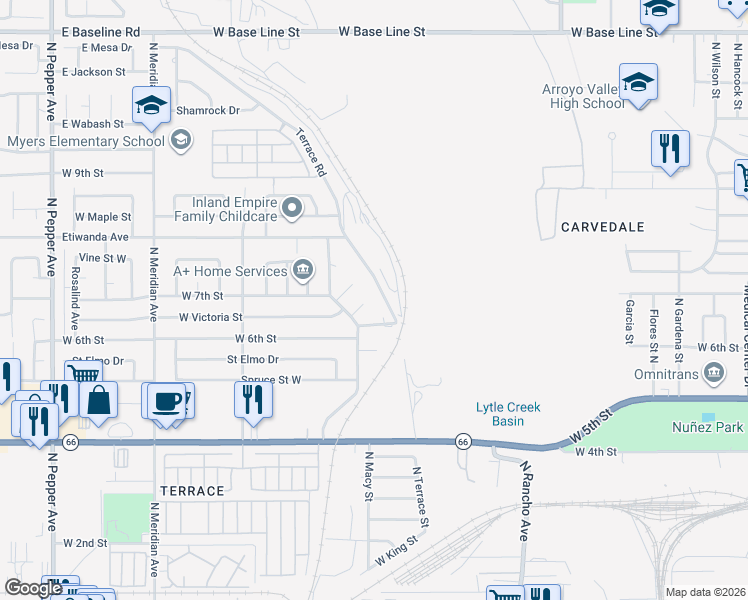 map of restaurants, bars, coffee shops, grocery stores, and more near 698 Terrace Road in San Bernardino