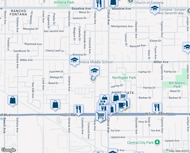 map of restaurants, bars, coffee shops, grocery stores, and more near 7846 Tokay Avenue in Fontana