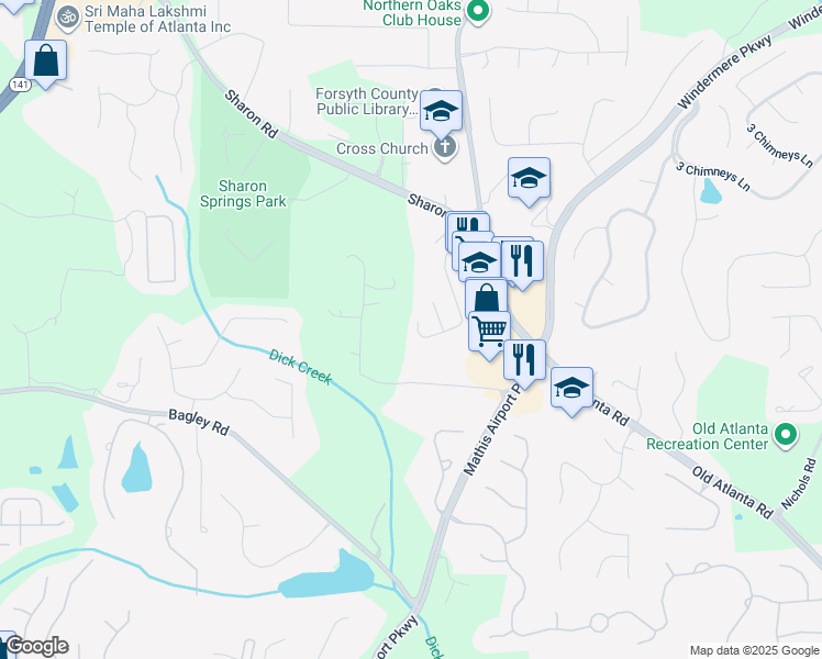map of restaurants, bars, coffee shops, grocery stores, and more near 3395 The Commons Drive in Cumming