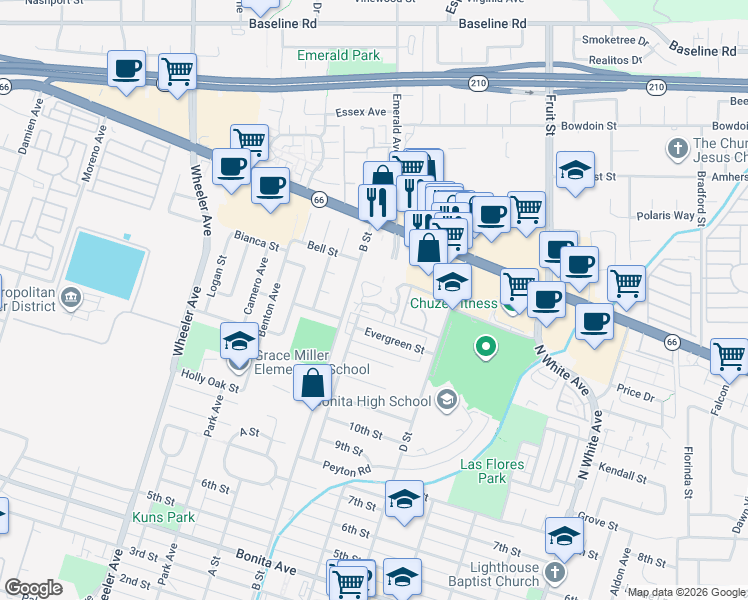 map of restaurants, bars, coffee shops, grocery stores, and more near 1949 Canopy Lane in La Verne