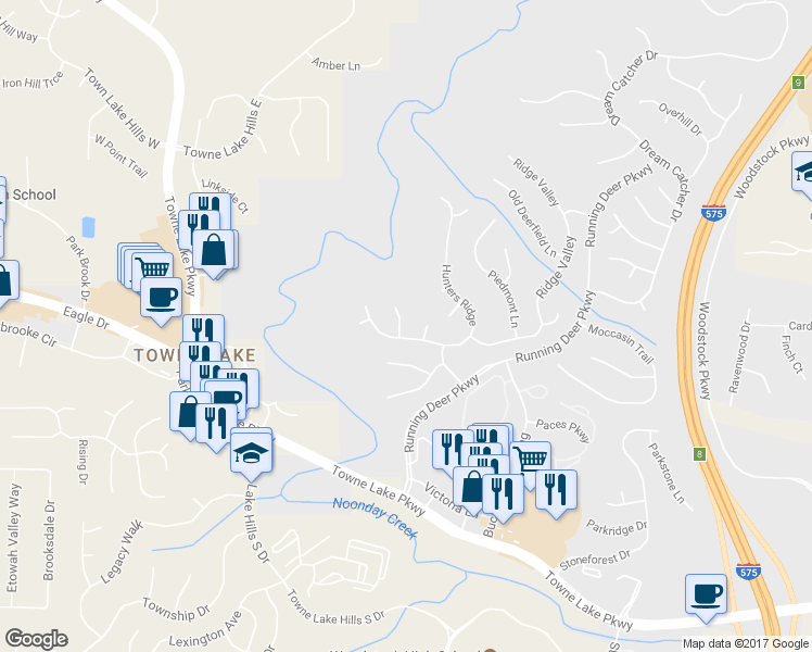 map of restaurants, bars, coffee shops, grocery stores, and more near 504 Old Field Cove in Woodstock