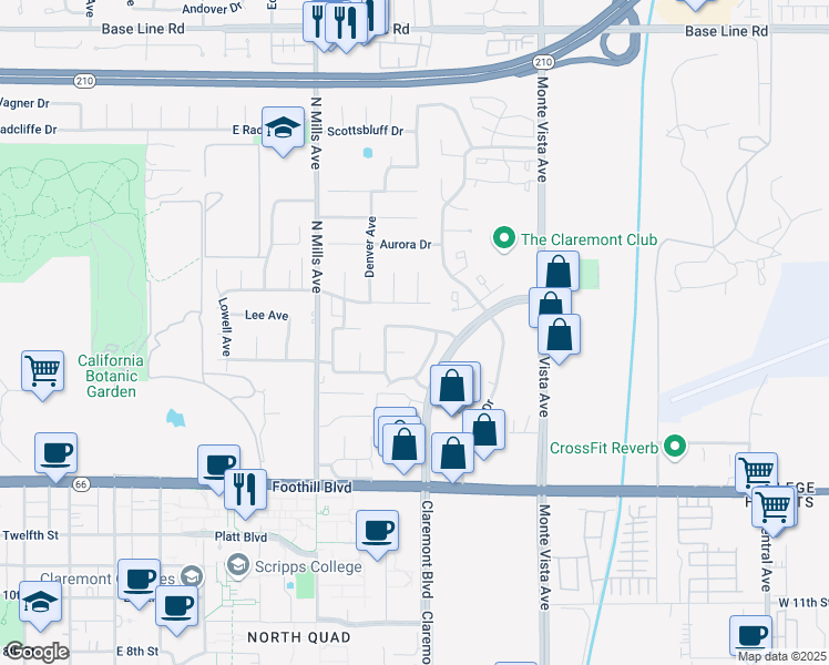 map of restaurants, bars, coffee shops, grocery stores, and more near 704 Windham Drive in Claremont