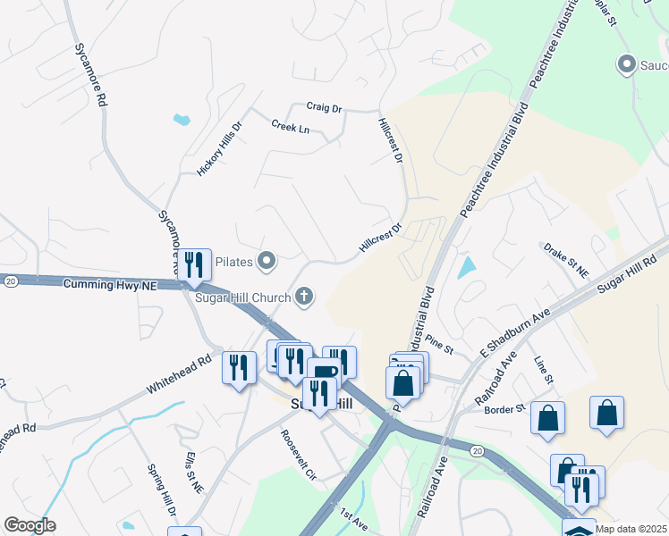 map of restaurants, bars, coffee shops, grocery stores, and more near 1319 Hillcrest Drive in Sugar Hill